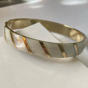 Mother of Pearl Stripe Inlay Brass Bangle Bracelet